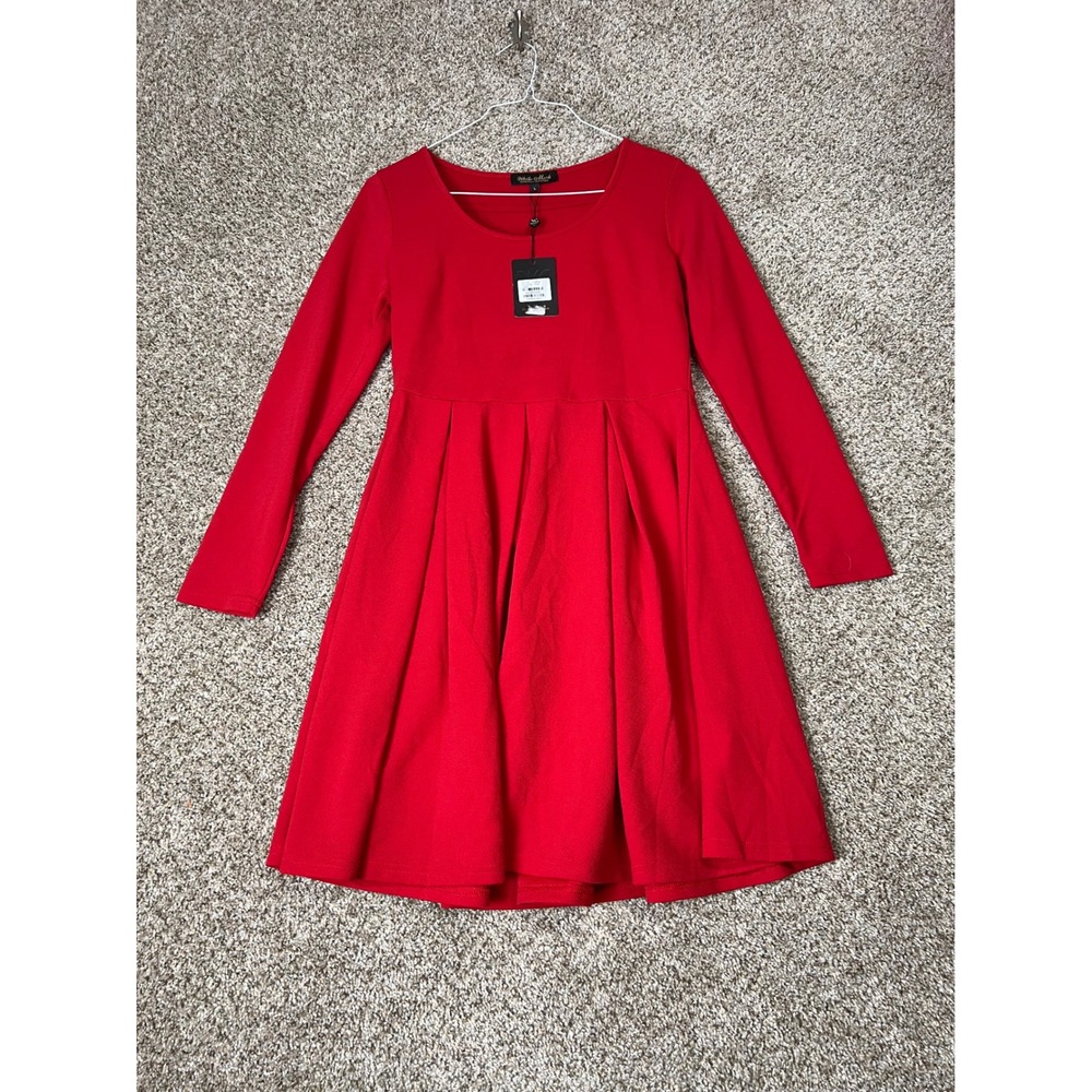 White Mark Red Long Sleeve Pleated Fit and Flare Dress Size L NWT